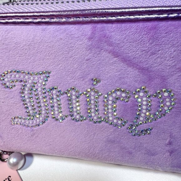 NWT Juicy Couture String Of Pearls Double Medium Zip Around Wallet Violet Tulle - Picture 3 of 9